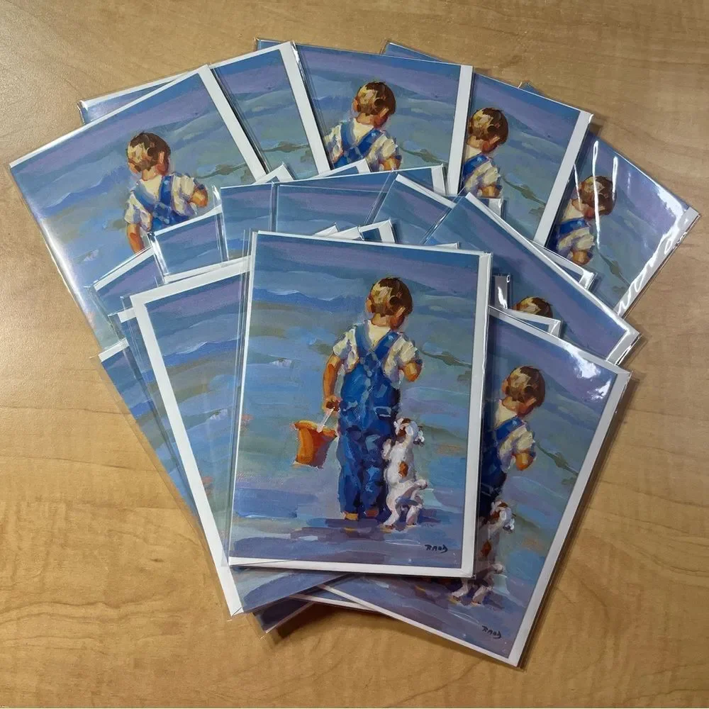 20 artistic blank greeting cards in sealed plastic, puppy and boy on the beach